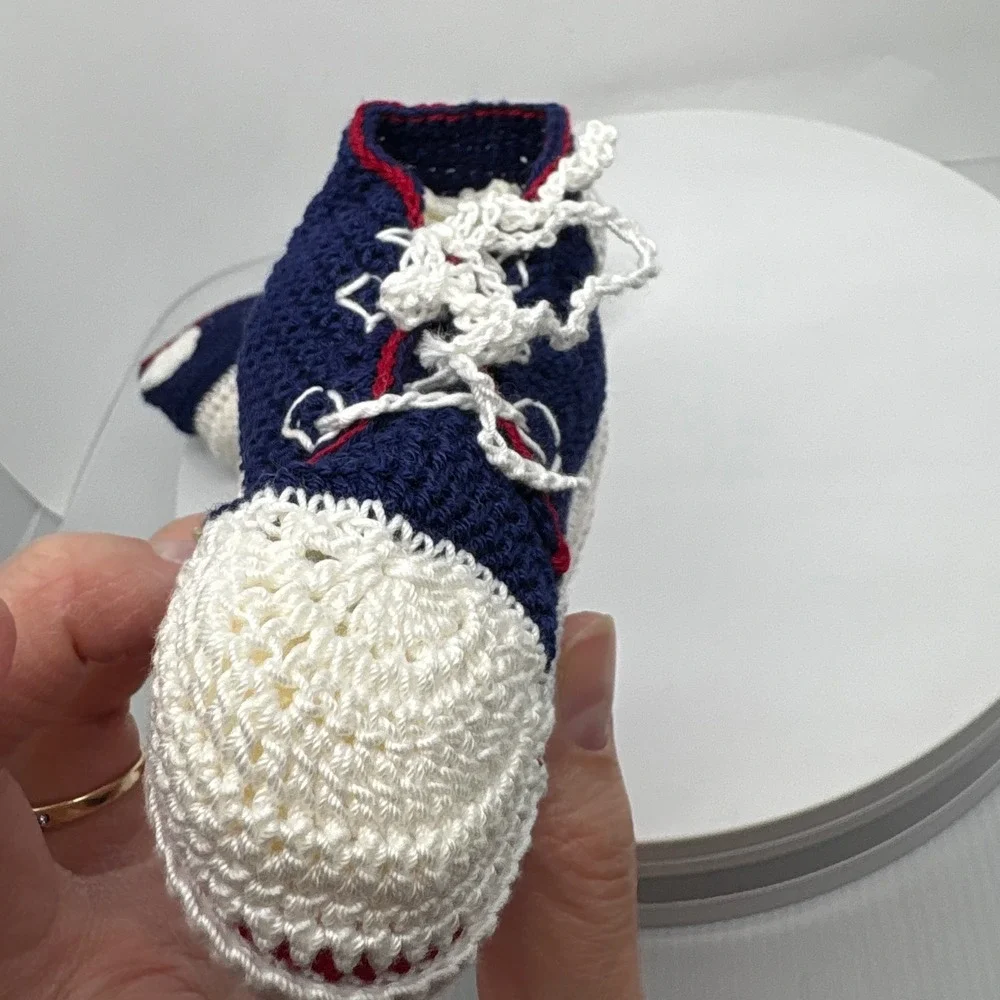 Handmade Crochet Baby Shoes High Top Sneaker Navy Blue White‎ Red Baby Shower